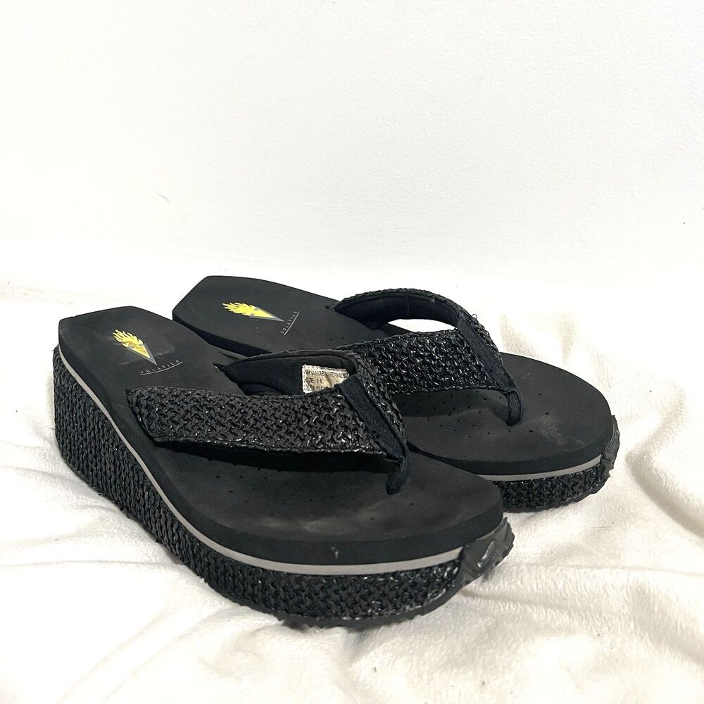 Volatile‎ Island Platform Wedge Sandals Women 11 Black Woven Thong Chunky Cruise
